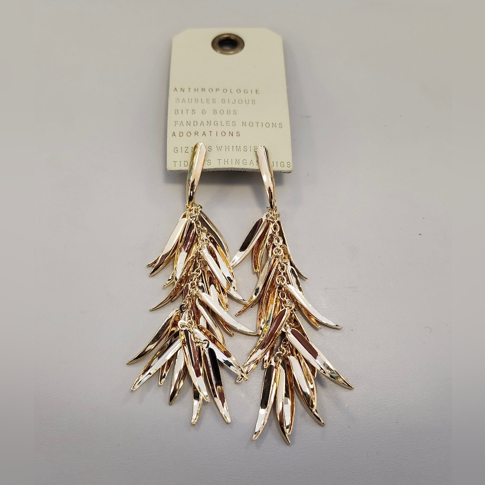 NWT Anthropologie Gold-Tone Fringe Leaf Drop Earrings